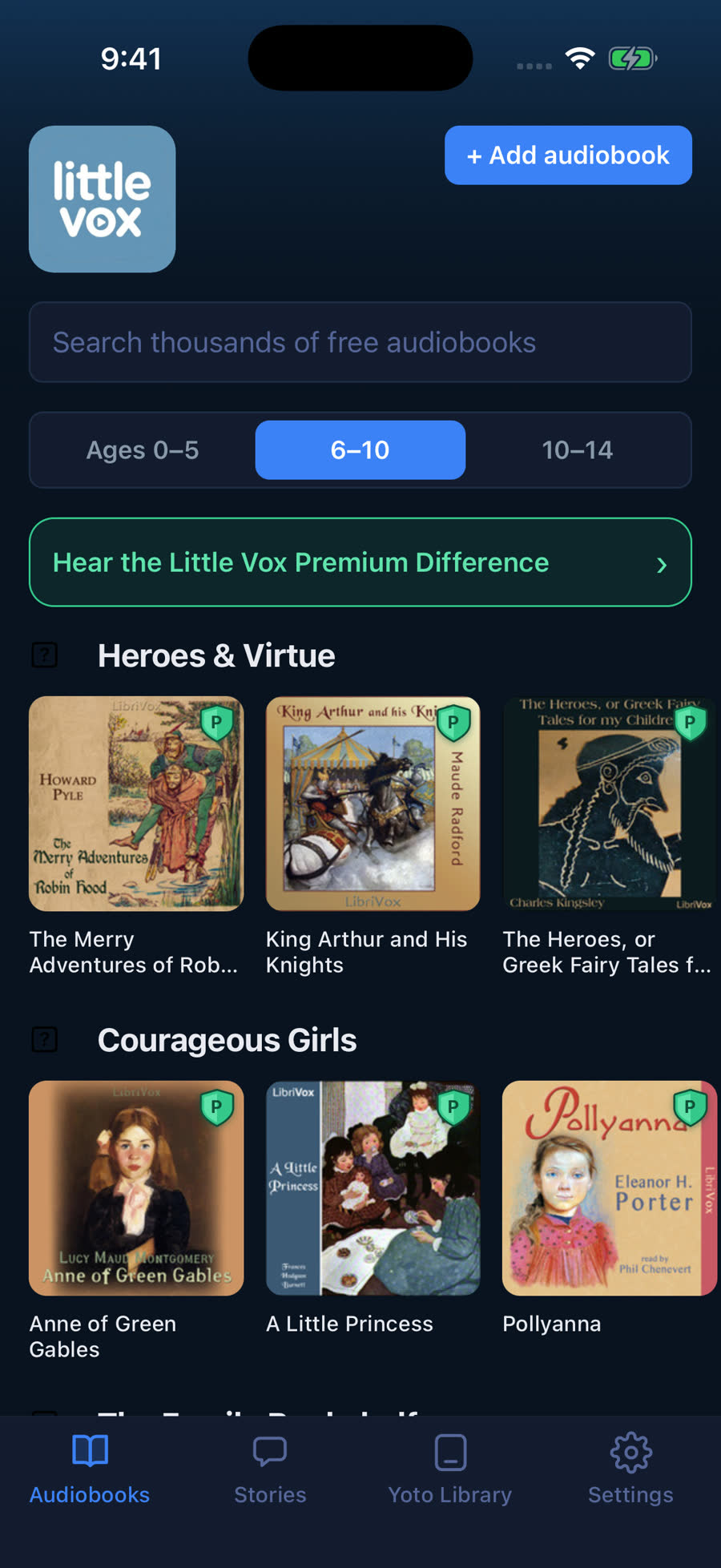 The Little Vox audiobook catalogue with age filters and themed shelves