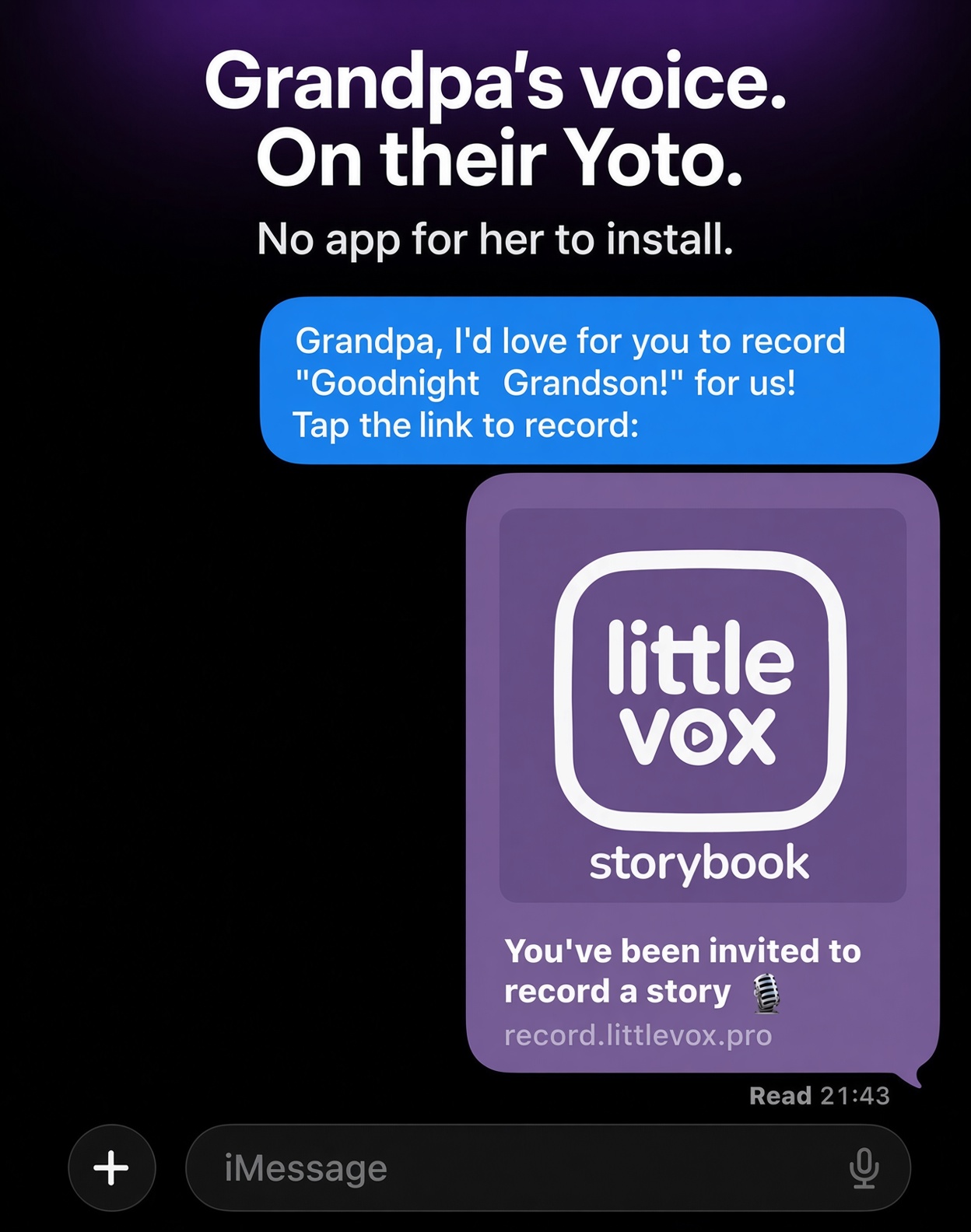 A text message inviting Grandpa to record a story, with a Little Vox link preview
