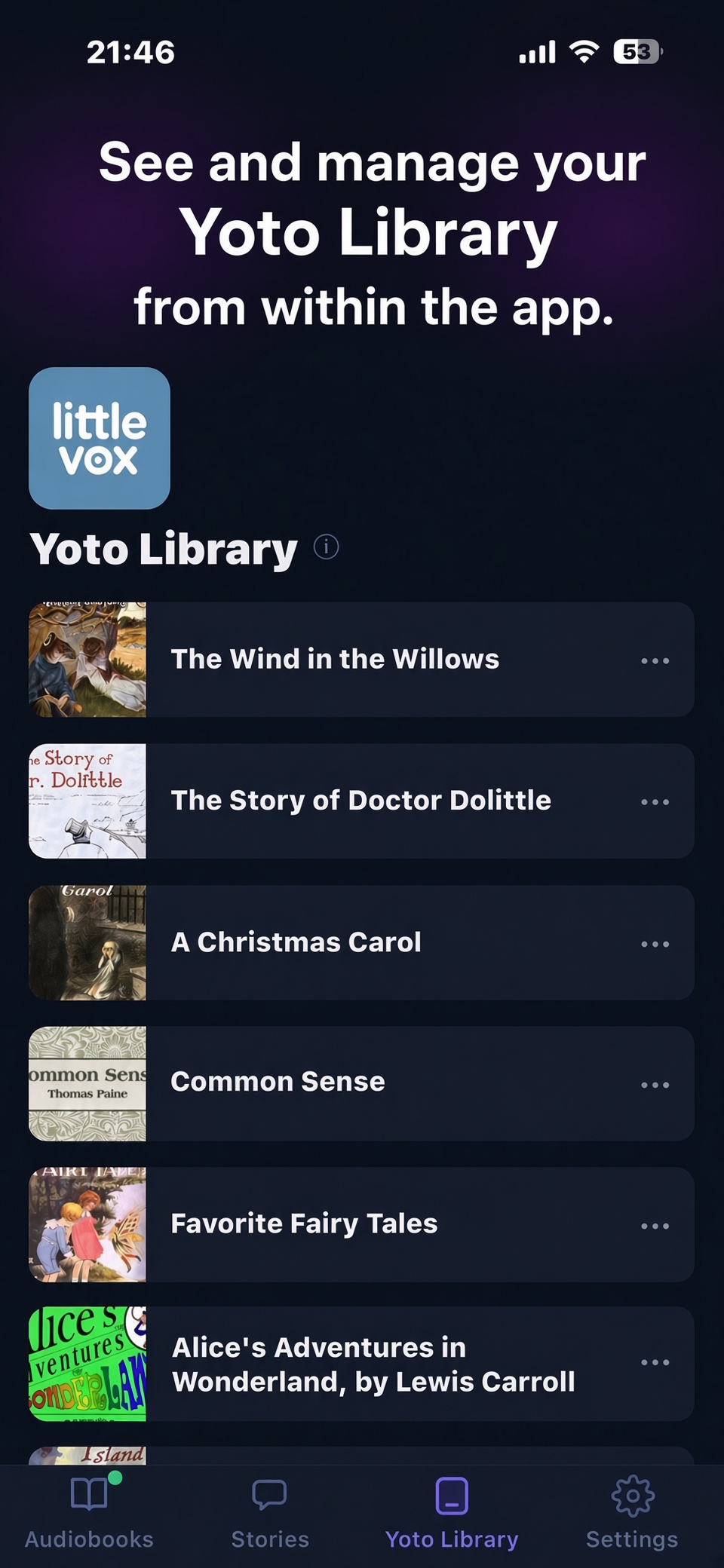 The Yoto Library tab in Little Vox listing cards already on the account