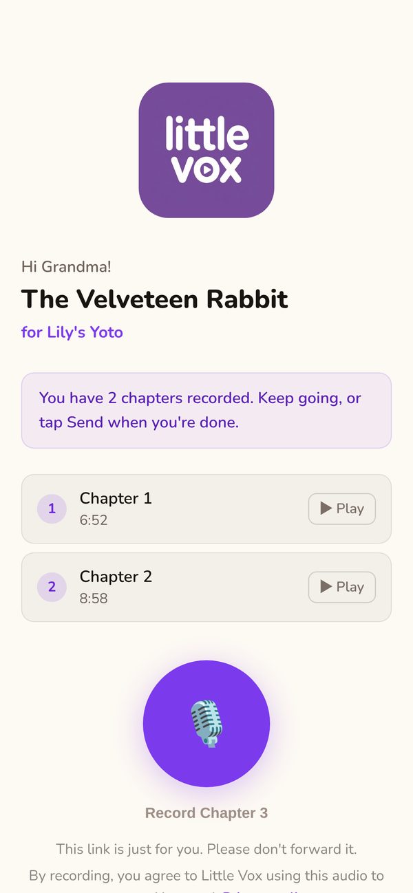The recording page Grandma sees, with two chapters recorded