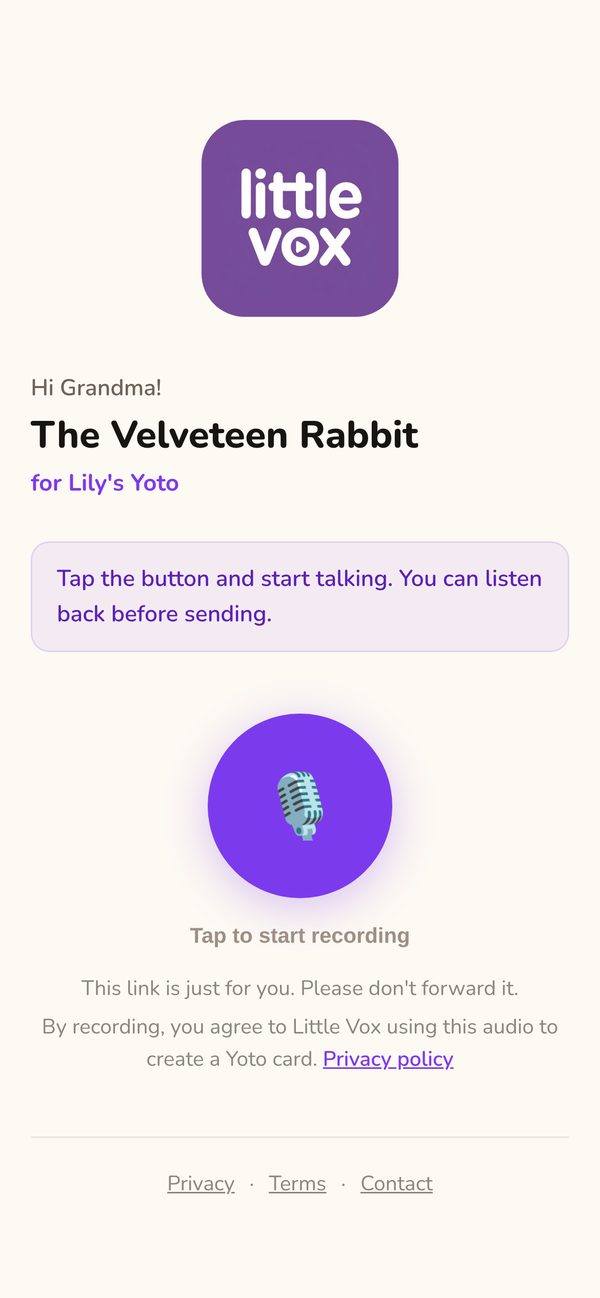 The recording page a grandparent sees: their name, the book title, and one big record button
