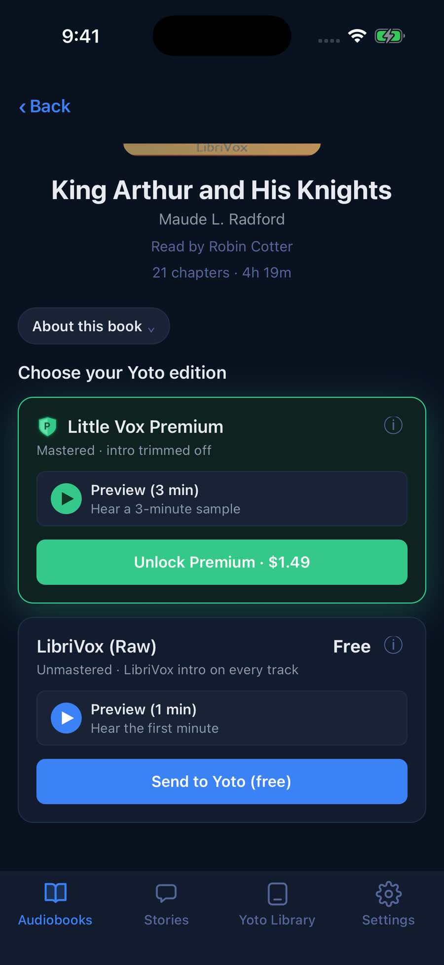 A book page in Little Vox showing the Little Vox Premium edition for $1.49 above the free LibriVox edition
