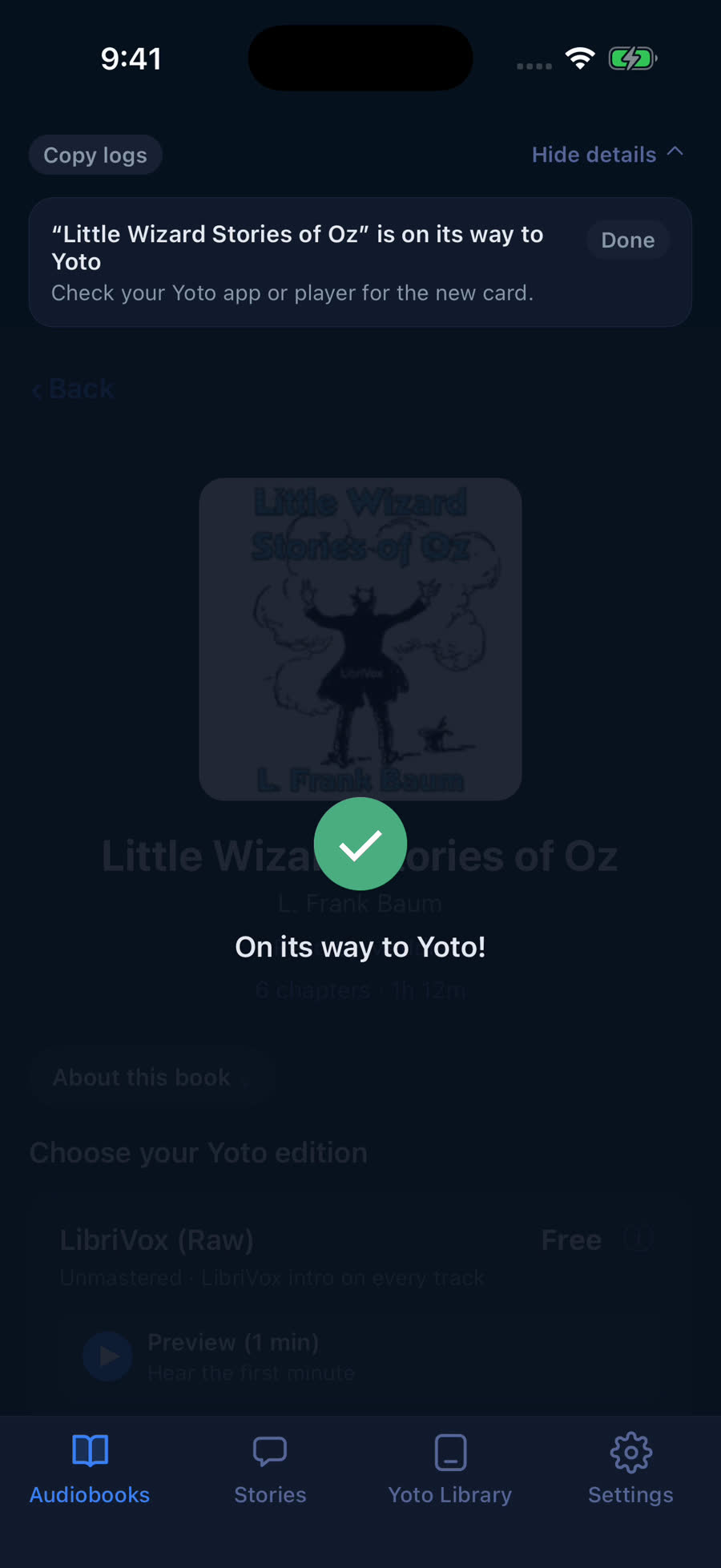 Little Vox right after sending a book: a green check and the words On its way to Yoto